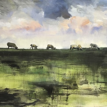 Life Goes On, an oil painting of grazing sheep, landscape art by Sandra Haney featured UK artist for March 2025.